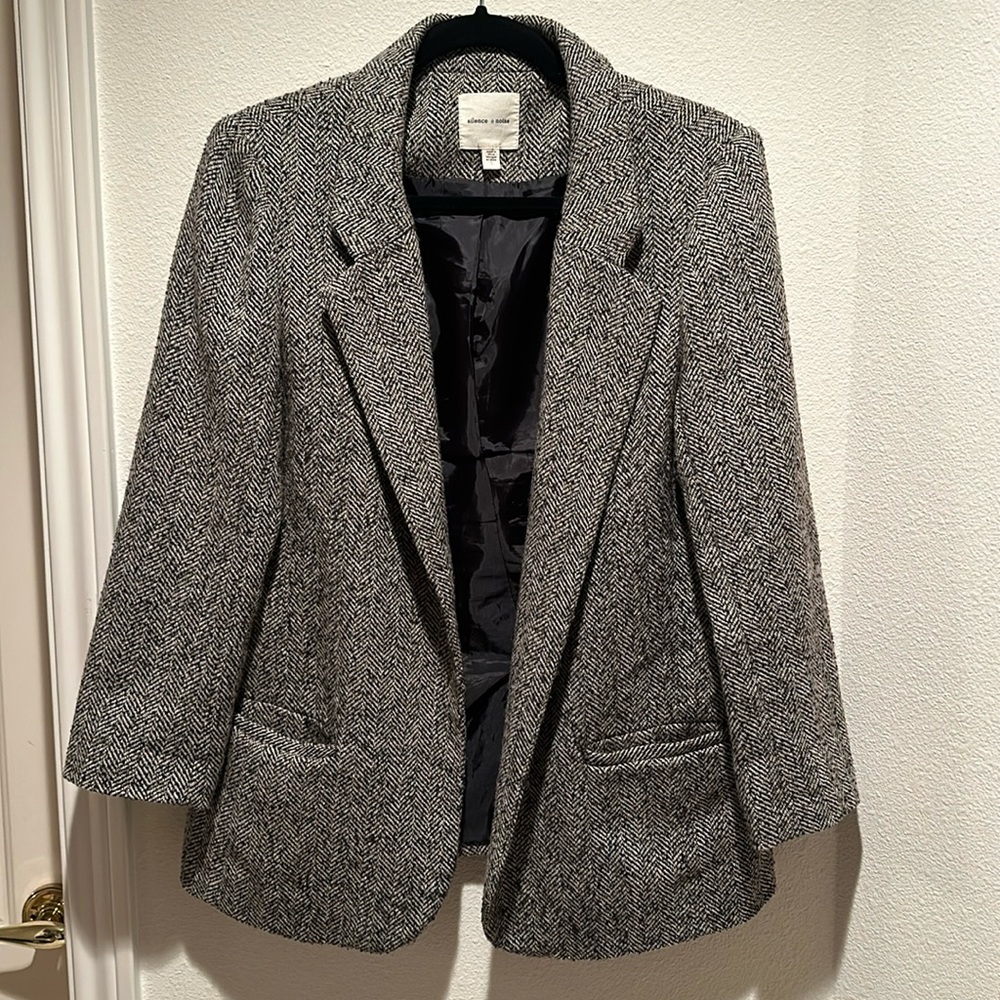 Silence + Noise Brown Herringbone Open Front Blazer